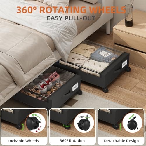 Somdot 48L Under Bed Storage Box, Large Capacity Under Bed Storage on wheels with Lid and Zip, Foldable Organiser for Clothes Bedding and Shoes, Black, 2 Pack — view 4