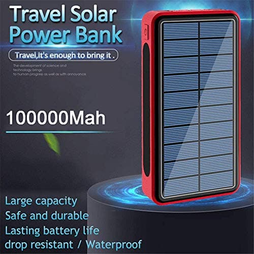 Y&W 100000Mah Power Bank Portable Solar Wireless Charger - External Battery with LED Status Indicator, High-Capacity Powerbank, for Iphone, Android, Red — view 3