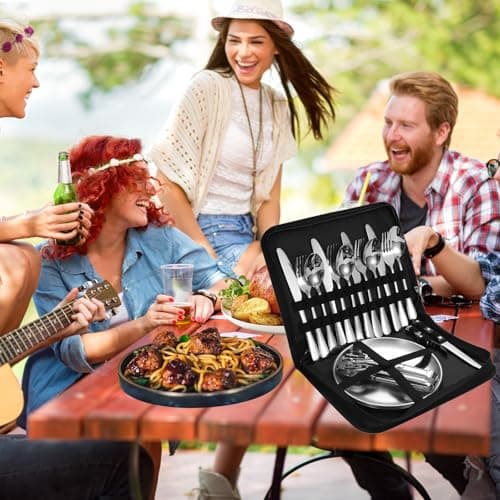 20Pcs Camping Cutlery Set for 4 Person,Portable Tableware Set for Hiking,Silver Food-Grade Stainless Steel,Picnic Utensils Set with Spoons Forks Knife Clip Plate,Case with Zipper Pouch — view 6