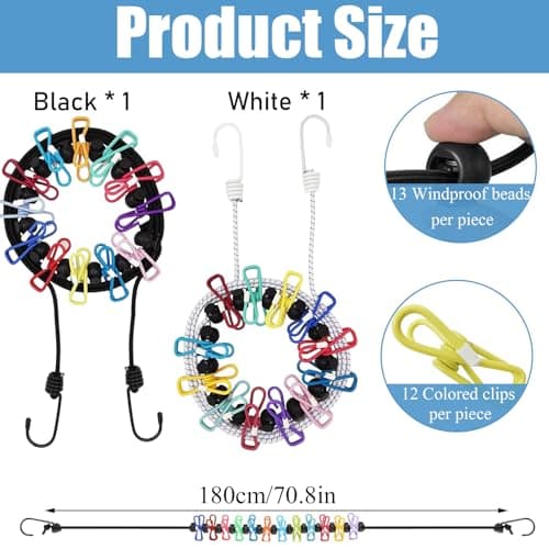 2 Pcs Travel Washing Line, Travel Clothes Line With 24 Clips, Elasticity Retractable Washing Line, Suitable for Outdoor Vacations, Bathrooms, Laundry Rooms, Gardens, or Travel (Black/White Rope) — view 2