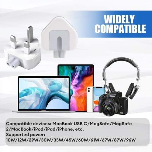 UK AC Adapter Wall Plug Power Travel Charger for All MacBooks USB-C 3 Pin Power Plug Duckhead 10 W and 12 W Charger Plug MagSafe & MagSafe2 Power Adapter for MacBook Pro Air Mac iBook iPhone iPod iPad — view 3