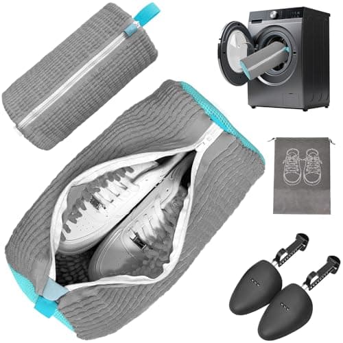 Shoe Washing Machine Bag,Laundry Shoe Bag Washer and Dryer Reusable Shoe Cleaning bags for Sneaker Tennis Shoes Unstain Cleaner Kit Include Pair of Adjustable Shoe Trees & Travel Bag, Grey 2pc
