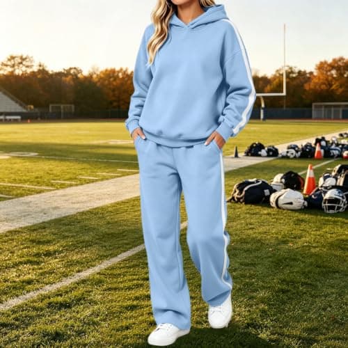 Womens Sky Blue 2 Piece Outfit Pullover Hoodie and Wide Leg Trousers — view 6