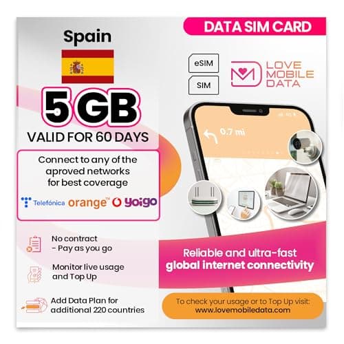 Love Mobile Data Only Sim Card - International Multi-Network 4G/5G Prepaid Pay As You Go Data Sim for Mobile Phones, WiFi Routers, & More, UK & Spain - 5GB for 60 Days