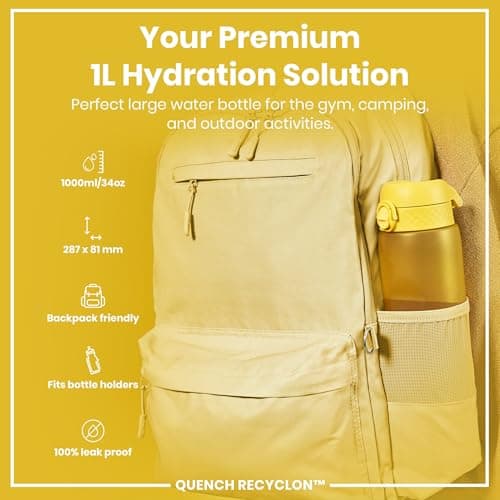 ION8 1 Litre Water Bottle, Leak Proof, Flip Lid, Carry Handle, Rapid Hydration, Dishwasher Safe, BPA Free, Contoured Grip, Ideal for Travel, Gym & Activity, Carbon Neutral Recyclon, 32 oz, Yellow — view 2