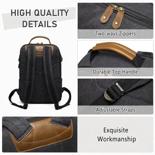Kasgo Backpack for Mens, Vintage 15.6 inch Laptop Rucksack Bag USB Charging Anti-theft Canvas Backpack Casual Daypack School Bag for Women Teens Travel Work Hiking Camping Business, Black — view 5