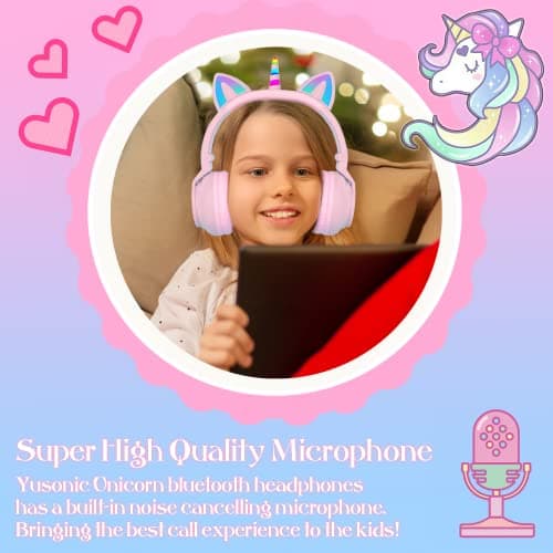 YUSONIC Unicorn Headphones, Bluetooth Headphones for Girls Boys Laptop Tablet, LED Lighting Kids Headphones for Birthday Travel School Gifts (Purple 27) — view 5