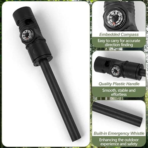 2 Pcs Flint Fire Starter Kit, Survival Fire Steel Premium Ferro Rod with 10 Pcs Fire Starter Hemp Rope, Including Whistle, Compass, Scraper with Scale for Camping Hiking Outdoor (Black) — view 3
