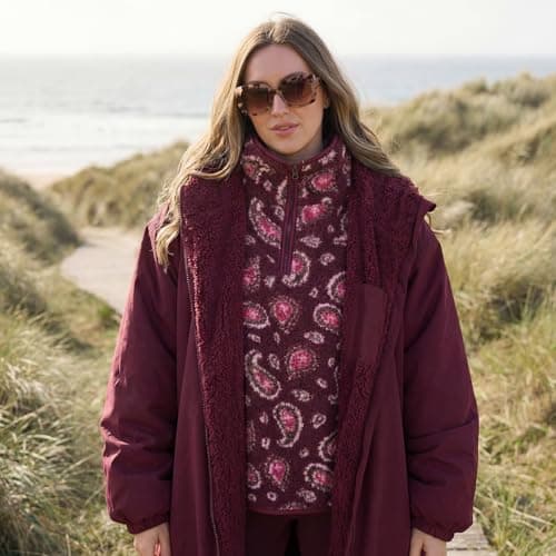 OHS Changing Robe Women's Jackets, Oversized Waterproof Jacket Fleece Lining Rain Coats for Women Drying Robe with Hood & Pockets Lightweight Ladies Jackets for Outdoor Travel, Burgundy - S/M — view 4