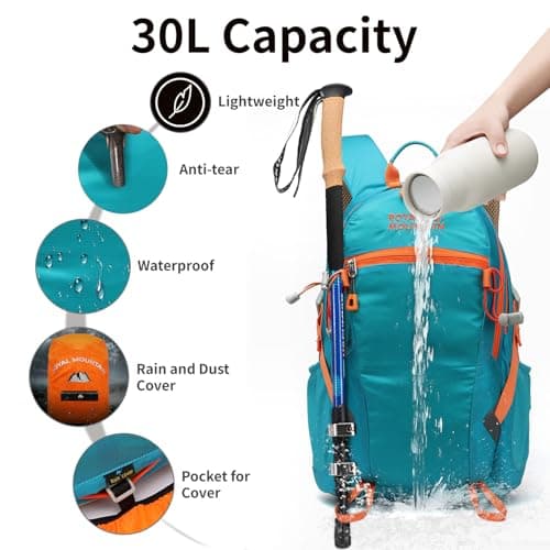 Lightweight Hiking Backpack, 30L Women/Men Waterproof Travel Rucksack Bag with Rain Cover, Outdoor Small Foldable Daypack for Student, Fit for 15.6 inch Laptop(Lake Blue, 30L) — view 3
