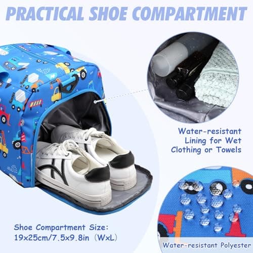 Kasgo 26.5L Kids Travel Sport Duffel Bag - Wet-Dry Shoe Pocket Blue Car — view 5