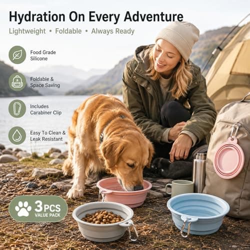 3 PCS Collapsible Dog Bowl, Foldable Silicone Pet Food And Water Bowl With Carabiners, Portable Travel Dog Bowl For Dogs And Cats, For Walking Hiking Camping Travel, Pink Grey Blue — view 5
