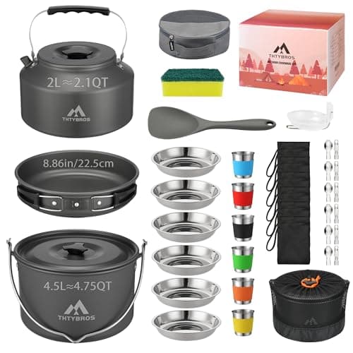 THTYBROS 43-Piece Camping Cookware Set,Large Mess Kit for 6 Persons,with 4.75QT Pot,2.1QT Kettle,Frying Pan,Cups,Utensils and Tableware,Heavy Duty Aluminum Cook Set for Outdoor Camping,Hiking,Picnic