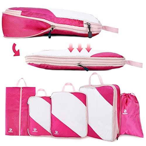 AiQInu Packing Cubes Compression Set, Pack of 5, Pink, Nylon, Rectangular, Zipper Closure, Travel Organiser with Laundry & Shoe Bags, Space Saver, TSA Approved