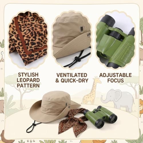suction 3PCS Explorer Outfit, Retro Safari Style Attire with Leopard & Zebra Pattern, Practical Party Wear Equipped with Binoculars and Khaki Hat — view 3