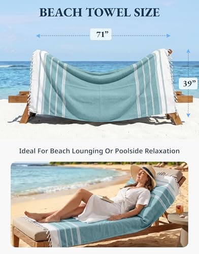 LANE LINEN Turkish Beach Towels Set of 6, Cotton Rich Oversized Beach Towel, Lightweight Beach essentials For Women, Large Pool Towel, Absorbent & Quick Dry, Sand Free Beach Towel, 39"x71" - Aqua — view 4