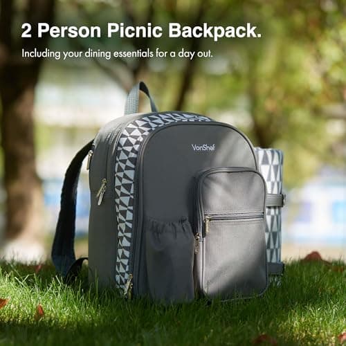 VonShef Picnic Backpack, 2 Person Grey Picnic Bag with Full Dining Set, Insulated Cooler Compartment & Large Waterproof Picnic Blanket, Lightweight Water Resistant Camping Accessories — view 2