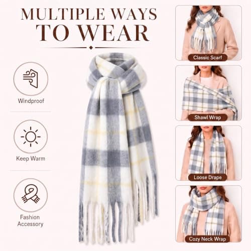 Fjquamitix Womens Blanket Scarves Winter Warm Tartan Plaid with Fringes — view 5