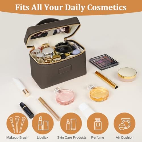 ALIIP Makeup Bag Large PU Leather Travel Cosmetic Bag with Removable Divider and Brush Slots, Water-Resistant Make Up Organiser for Women, Portable Toiletry Case with Handle - Coffee — view 4