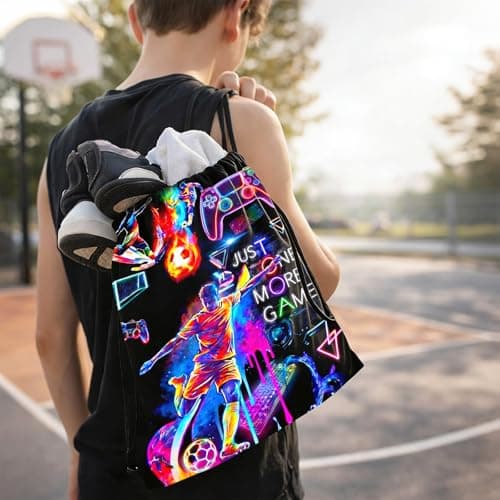Gamer Drawstring Bag, Neon Football Boys Swimming Bag, Waterproof Gym String Backpack with Large Capacity, Portable Sports Backpack for School, Beach and Camping — view 3
