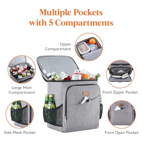 Lifewit 26L Insulated Cooler Picnic Backpack, 34-Can Large Cool Bag, Grey — view 4
