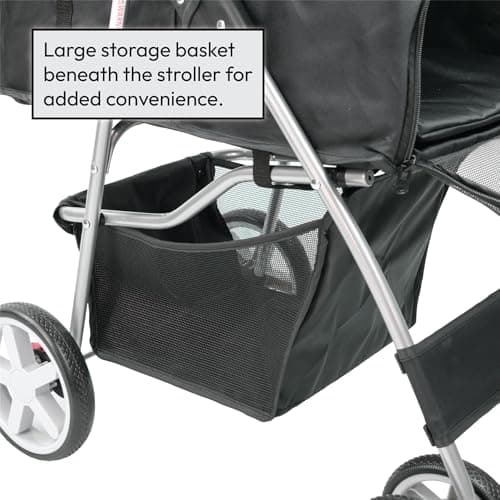 KCT Hooded Foldable Pet Dog Cat Stroller Black- 4 Wheel Travel Carriage with Safety Leash, Canopy, Cup Holder, Storage Tray — view 5