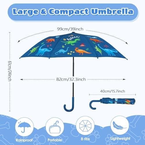 Kids Manual Fold Stick Umbrella for Boys Girls School Outdoor Dinosaur — view 3
