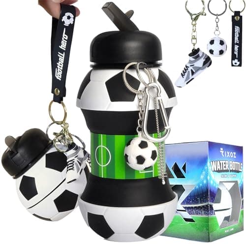 RIXOZ Football Collapsible Water Bottle - 550ml Silicone Bottle With Football, Footi Boot Keyring & Carry Strap