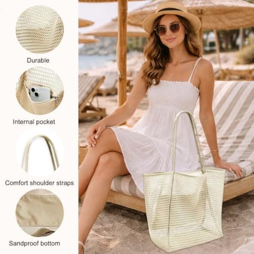 WSXQAZ Summer Beach Bags for Women, Summer Beach Tote Bag, Large Mesh Tote Bags for Women, Net Bag, Reusable & Lightweight Shopping Bagg, for Picnic Holiday Travel Grocery — view 5
