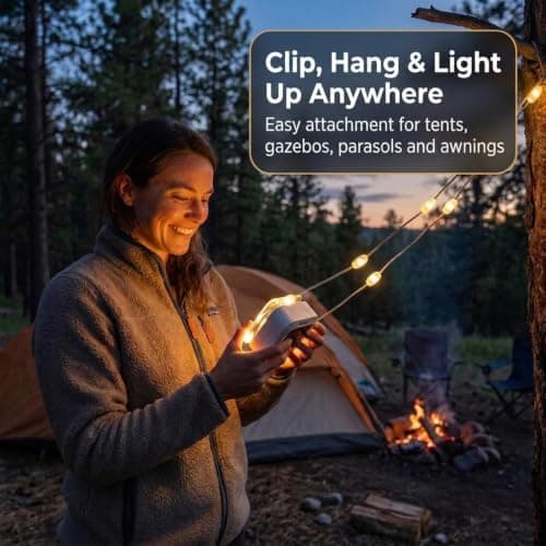 Auraglow Solar & USB Outdoor LED String Lights - Rechargeable Battery, Built-in Torch & Power Bank - Ideal for Camping, Hiking, Tent, Gazebo, Parasol & Garden Lighting - White — view 4