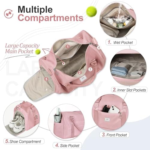 FIORETTO Womens Gym Sports Bag Travel Bag with Shoes Compartment & Wet Pocket, Weekend Overnight Duffle Hospital Bag Carry On Bag Holdall for Travel Swimming Pink — view 2