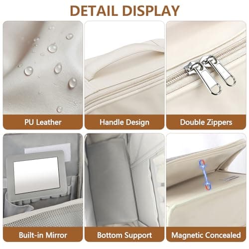 Travel Makeup Bag, CS COSDDI Make Up Bags for Women Large Capacity Cosmetic Bags Waterproof Toiletry Bag with Luggage Compartment Tie and Detachable Mirror, Leather Portable Standing Makeup Bag — view 3
