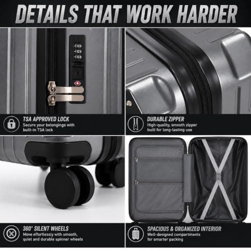 XPLR 55x34x24cm Cabin Suitcase - Hard Shell 20" Carry On Bag Luggage - USB Charging Port - Cup Holder - TSA Lock - 360° Wheels - Lightweight 2.8kg Hand Luggage for Travel (Urban Grey) — view 3