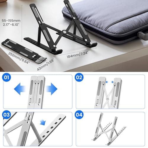 GrandMil Adjustable Laptop Stand for Desk – Foldable & Portable ABS+Silicone Desk Riser, Ventilated Cooling Holder for 10-17.3” Laptops & Tablets(Silver) — view 2