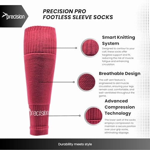 Precision Training Pro Adult’s Footless Sleeve Sport Socks, Stretch Fit, Compression Support for Football, Rugby and Hockey, Maroon Red — view 2