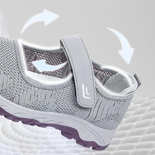 Women’s Mary Jane Shoes Lightweight Walking Sneaker Mesh Breathable Slip On Knit Flats Casual Soft Shoes Adjustable Ankle Strap Loafers Grey — view 6