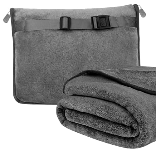 Pritok 2-in-1 Travel Blanket & Pillow Set - Soft Flannel, Luggage Sleeve, Backpack Clip (Grey)
