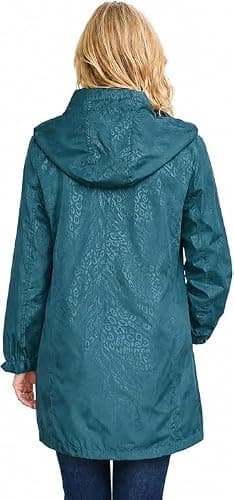 Women's Waterproof Rain Jacket with Hood, Lightweight Windproof Ladies Raincoat, Outdoor Walking Hiking Travel Coat, Hooded Waterproof Parka with Zip & Snap Fastening (22, TEAL GREEN) — view 2
