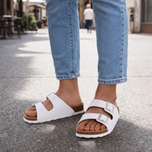 KIDMI Women Sandals Arch Support Cork Footbed Slide,White 5 — view 2