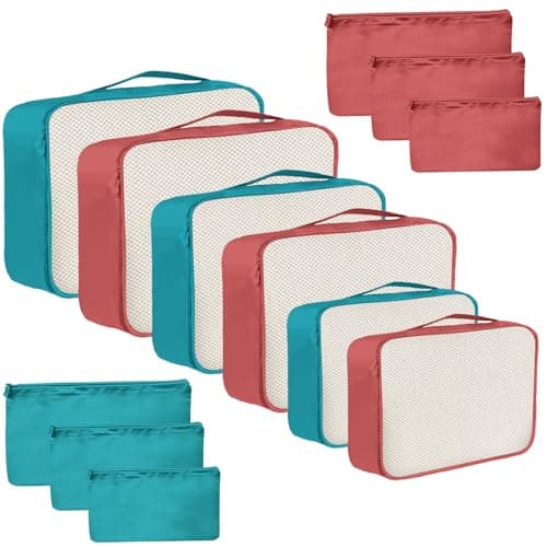 12 Piece Packing Cubes, Multi Coloured Packing Cubes for Suitcases, Mesh & Flat Zip Bags, Large Medium Small Sizes, Lightweight Travel Cubes for Luggage Storage (12, Blue Watermelon Red)