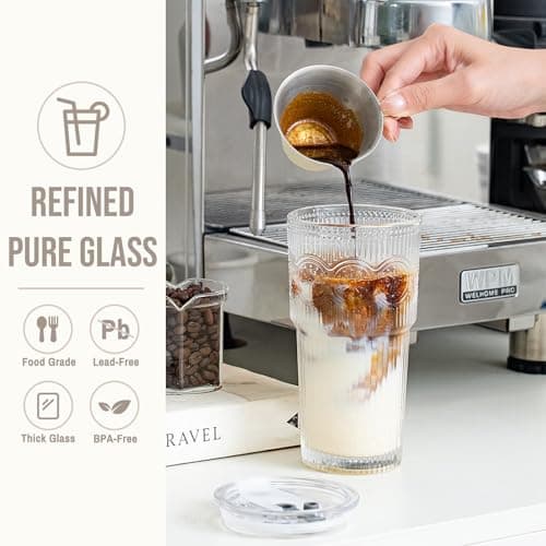 SoulTimes 600ml Ribbed & Floral Glass Tumbler Set of 2 – Reusable Glass Cups with Lid and Glass Straw, Iced Coffee Cups for Water, Smoothie, Milk & More – Perfect for Daily Use & Travel — view 5