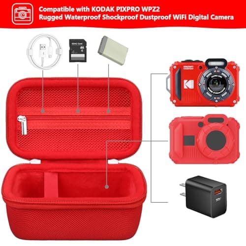 Supmay Carrying Case Compatible with Kodak PIXPRO WPZ2 Rugged Waterproof Shockproof Dustproof WiFi Digital Camera, Travel Case with Mesh Pocket fits USB Cable, SD Card, Battery, Charging Plug, Red — view 2