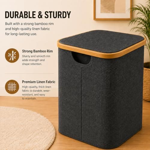 Bamboo Laundry Basket,Removable Bag, Foldable Clothes Hamper,Charcoal, 85L — view 5