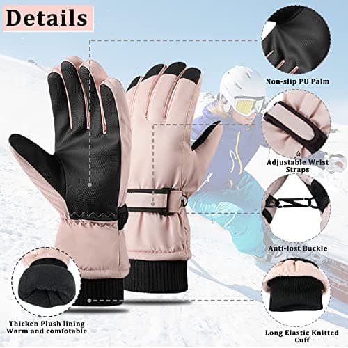 Andiker Ski Gloves Women Windproof Winter Warm Thermal Touchscreen Bike Cycling Gloves Snow Sports Snowboard Riding (pink) — view 2