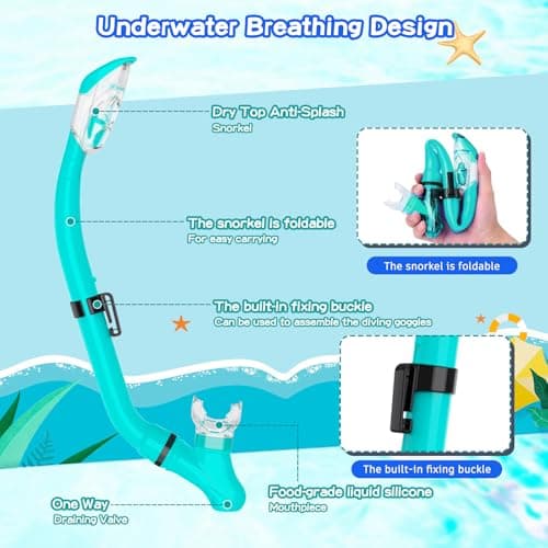 Snorkeling Gear for Kids with Foldable Silicone Full Dry Snorkel, Kids Snorkel Set Anti Leak Youth Junior Snorkeling Package Diving Mask Soft Tube with Mesh Bag Swimming Goggles, Water Green — view 3