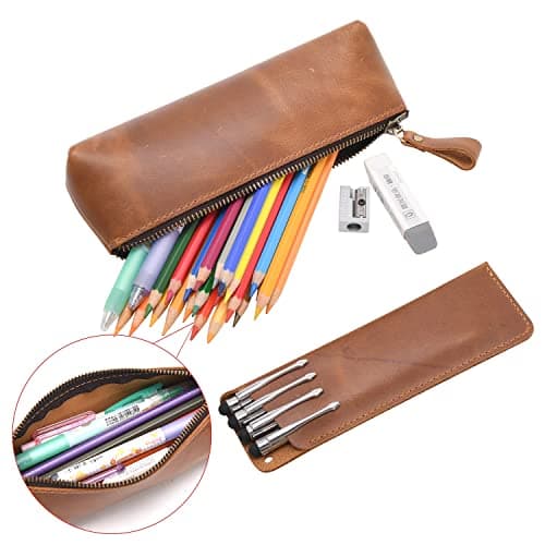 WONDERPOOL Leather 1pc Pencil Case & 1pc Fountain Pen Holder - Portable Compact Drawing Marker Pen Stationery Pouches for School Office Travel Organizer (Light Brown) — view 6
