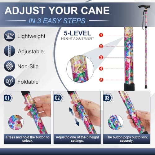 supregear Walking Stick - Adjustable Folding Walking Sticks for Women and Men - Lightweight Portable Collapsible Balancing Aid - Foldable Travel Cane for Ladies Elderly Adults, Pink Floral — view 3