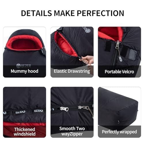 QEZER Winter Sleeping Bag for Adults, Lightweight Down Sleeping Bag -20 Degree C for Cold Weather Camping and Mountaineering Outdoor with 650 FP Duck Down (Black, 1000g down) — view 5