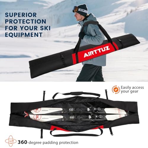 AIRTTUZ Ski Bag and Boot Bag Combo, Water-Resistant Ski Boot Travel Bag Fit Skis Up to 200 cm & Boots Size 13 With 5mm Foam Ski Gear Bag. (blk/red) — view 3