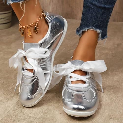 Women Shoe,Ladies Trainers,Fashion Solid Color Low Top Casual Shoes Comfortable Daily Walking For Ladies Breathable Slip On Loafers (Silver, 4.5) — view 4